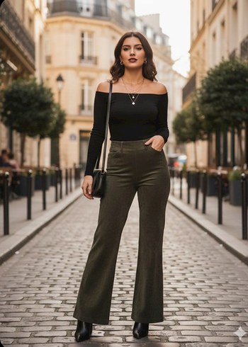 Kadın Haki kadife Salaş Midi Kumaş Pantolon - Görsel 3