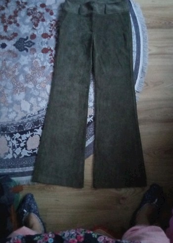 Kadın Haki kadife Salaş Midi Kumaş Pantolon - Görsel 5