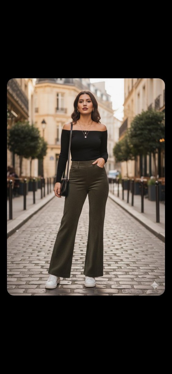 Kadın Haki kadife Salaş Midi Kumaş Pantolon - Görsel 2