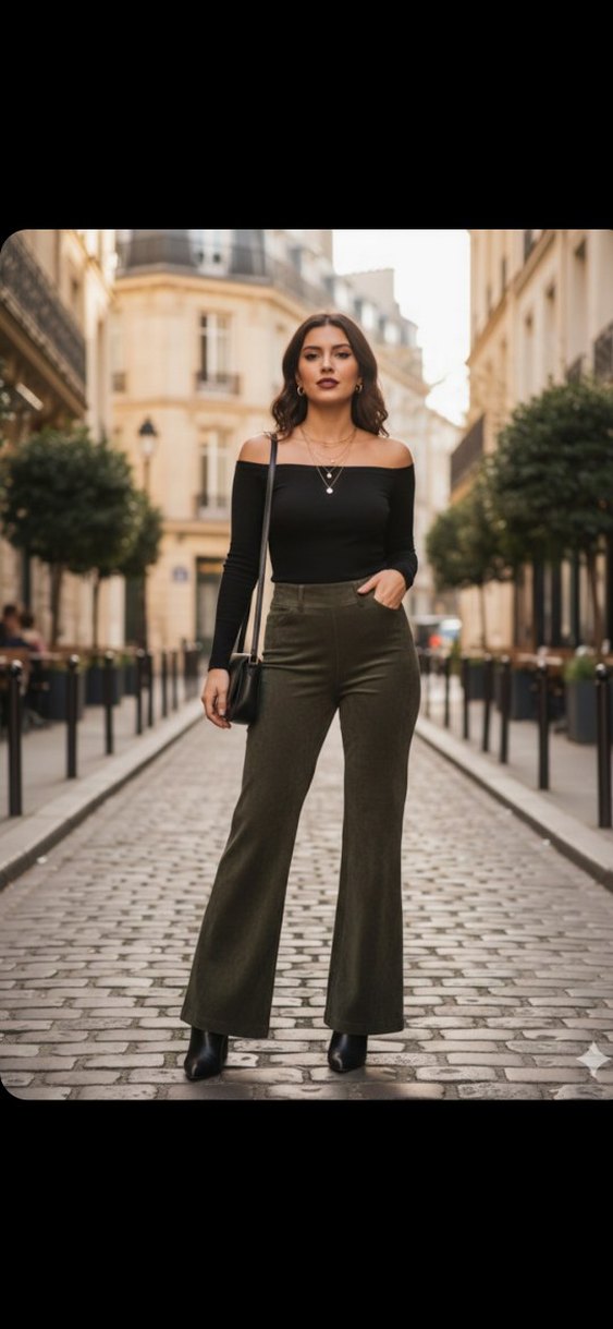 Kadın Haki kadife Salaş Midi Kumaş Pantolon - Görsel 3