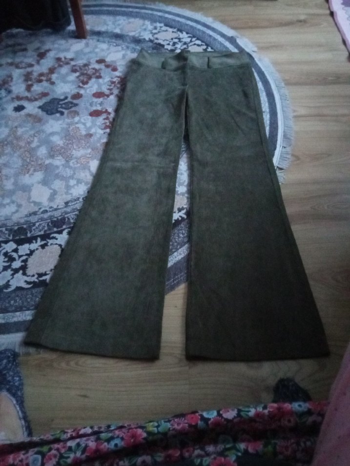 Kadın Haki kadife Salaş Midi Kumaş Pantolon - Görsel 4