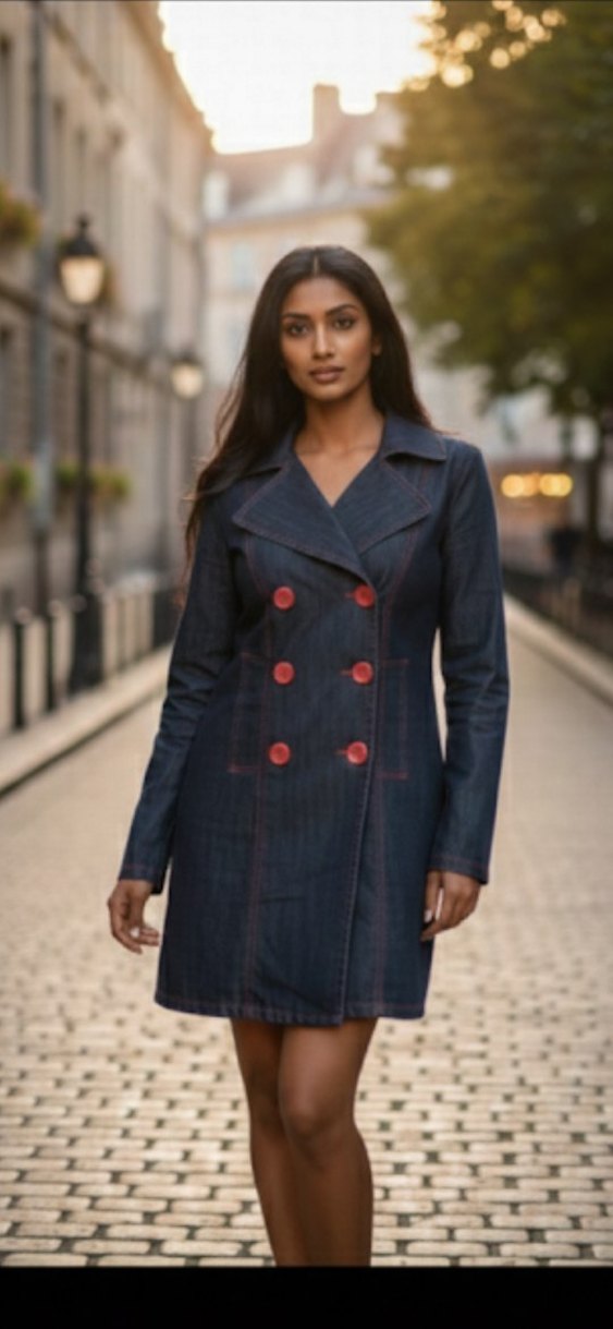 Düğmeli Denim Midi Kadın Trençkot - Görsel 2