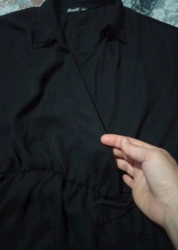 Siyah Kemerli Mini Bluz, Boğazlı, Uzun Kollu - Görsel 5