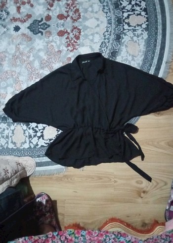 Siyah Kemerli Mini Bluz, Boğazlı, Uzun Kollu - Görsel 4