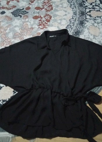 Siyah Kemerli Mini Bluz, Boğazlı, Uzun Kollu - Görsel 6