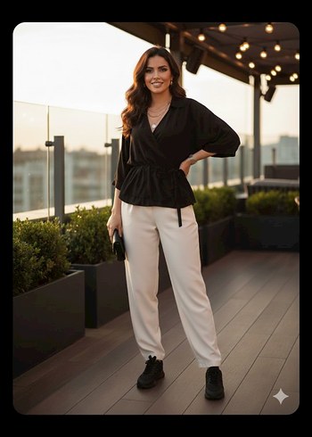 Siyah Kemerli Mini Bluz, Boğazlı, Uzun Kollu - Görsel 3