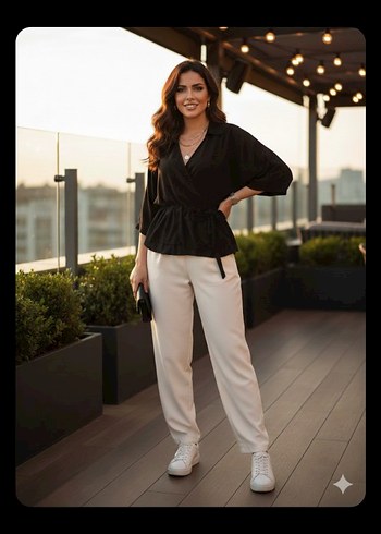 Siyah Kemerli Mini Bluz, Boğazlı, Uzun Kollu - Görsel 2