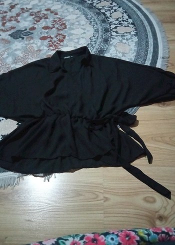 Siyah Kemerli Mini Bluz, Boğazlı, Uzun Kollu - Görsel 7