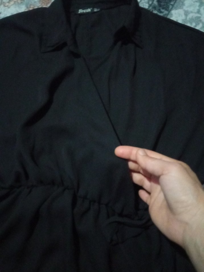 Siyah Kemerli Mini Bluz, Boğazlı, Uzun Kollu - Görsel 5