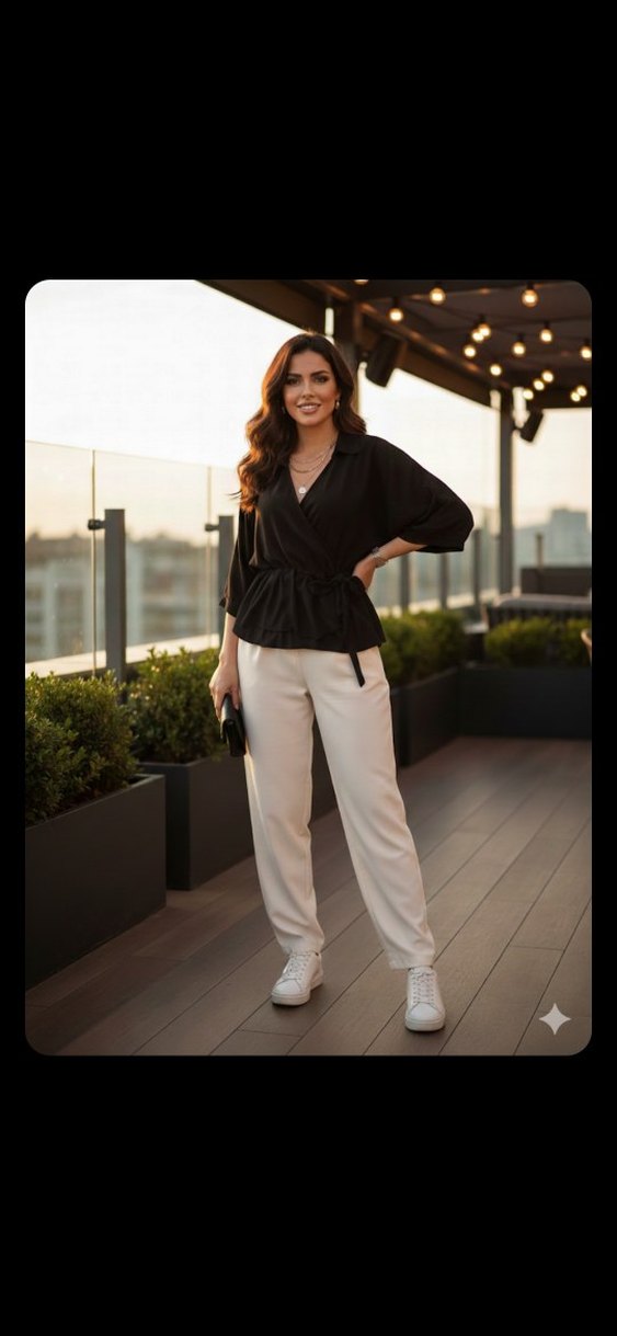 Siyah Kemerli Mini Bluz, Boğazlı, Uzun Kollu - Görsel 2