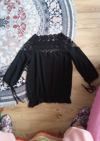 Dantel Detaylı Siyah Bohem Bluz - Görsel 5