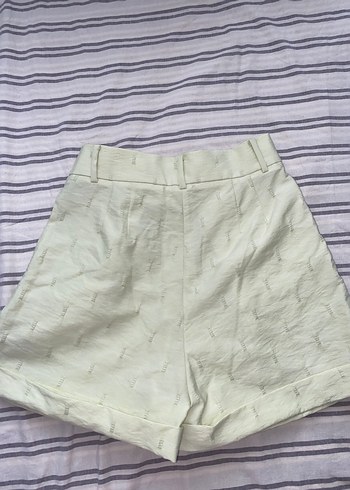 36 Beden Bej Yüksek Bel Keten Mini Şort