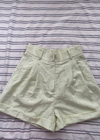 Bej Yüksek Bel Keten Mini Şort