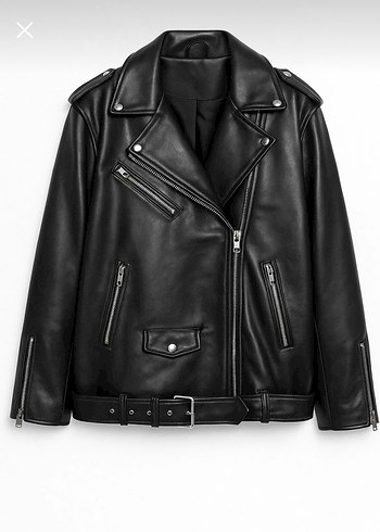 Siyah Deri Biker Ceket, Tokalı, Normal Boy