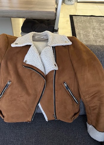 Kahverengi Süet Kadın Mango Mont, Kürklü Yaka - Görsel 4