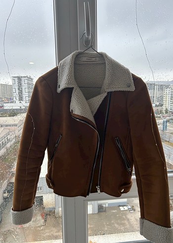 Kahverengi Süet Kadın Mango Mont, Kürklü Yaka - Görsel 6