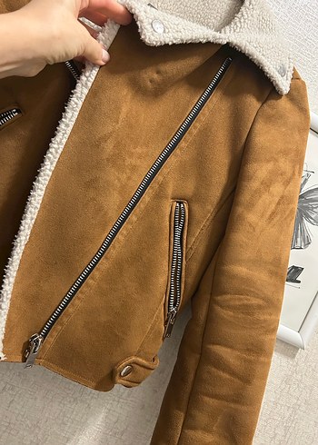 Kahverengi Süet Kadın Mango Mont, Kürklü Yaka - Görsel 3