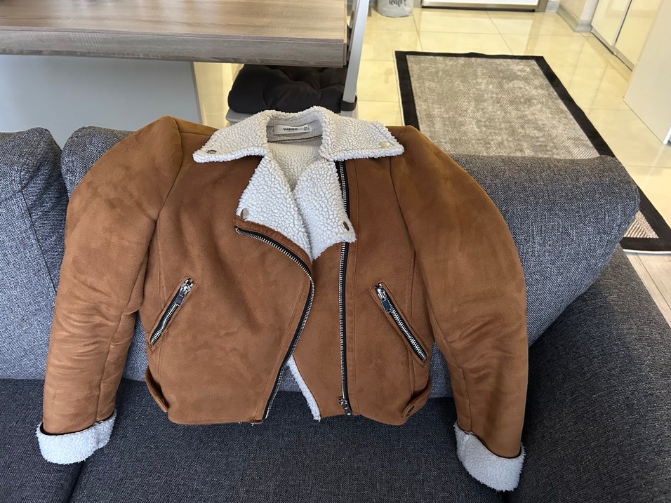 Kahverengi Süet Kadın Mango Mont, Kürklü Yaka - Görsel 4