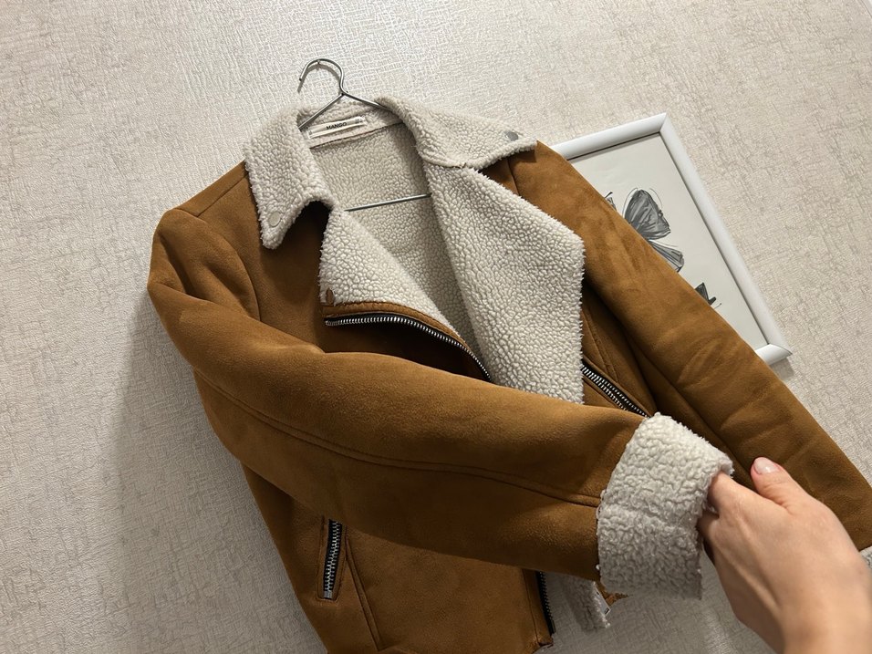 Kahverengi Süet Kadın Mango Mont, Kürklü Yaka - Görsel 2