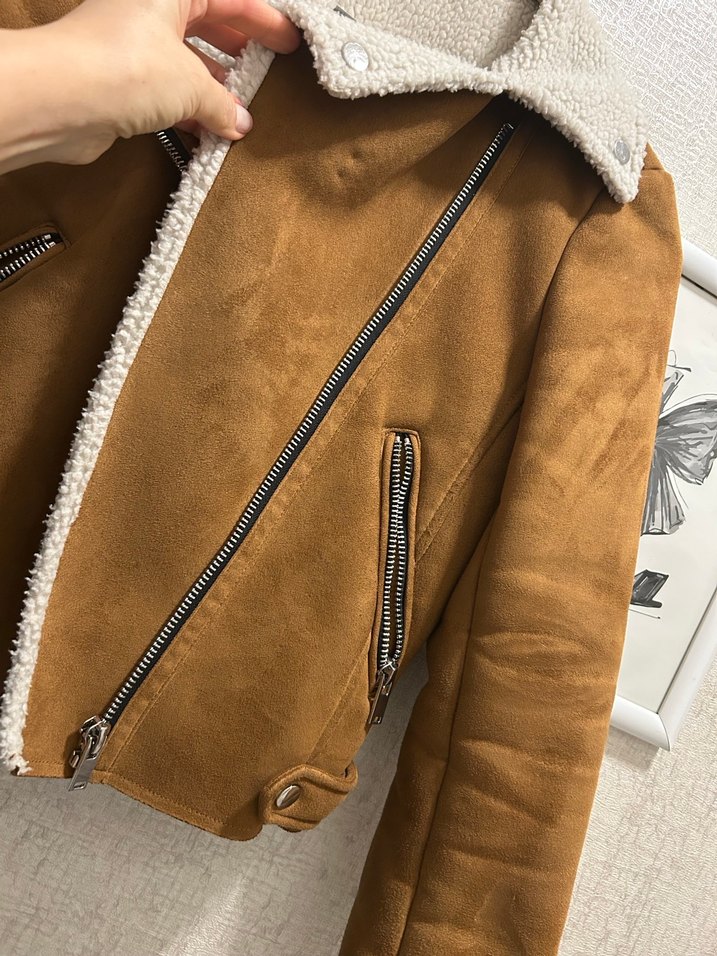Kahverengi Süet Kadın Mango Mont, Kürklü Yaka - Görsel 3