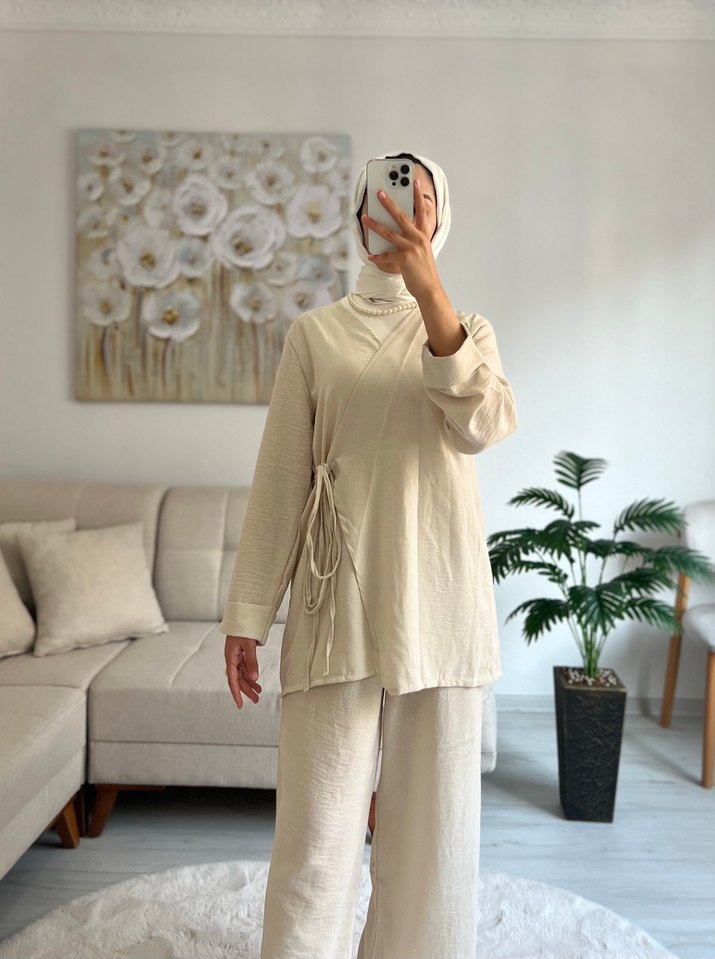 Bej keten kimono pantolon takım - Görsel 2