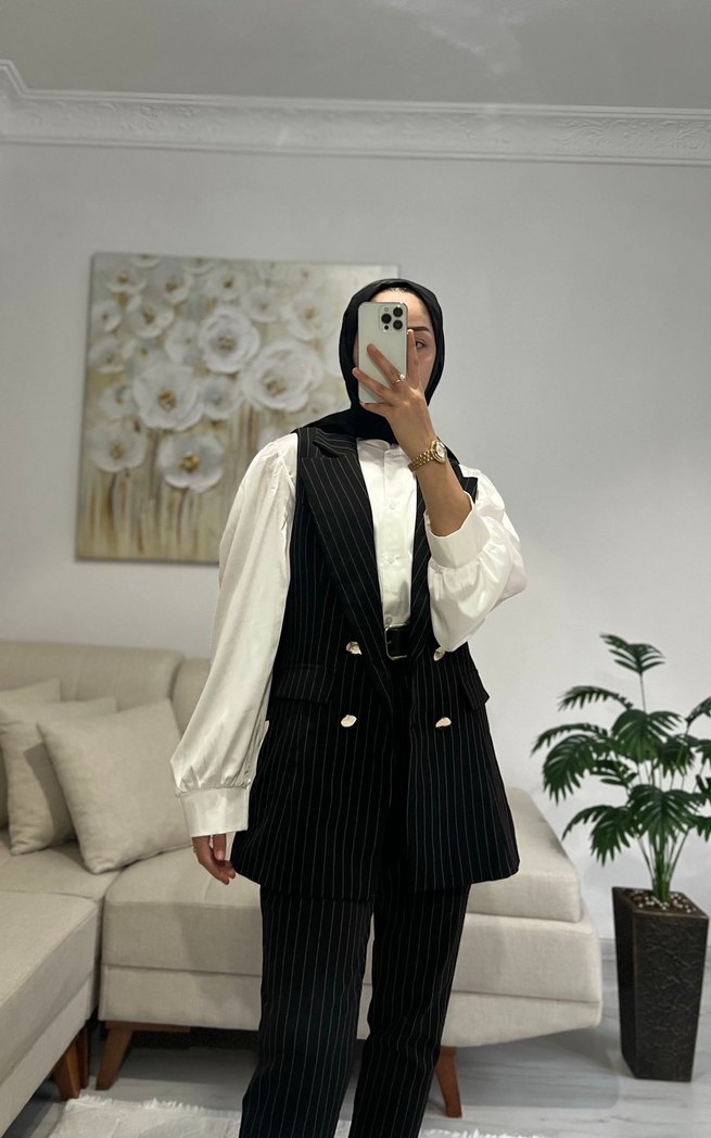 Kemer Detaylı Siyah çizgili Mini Blazer Pantolon Takım - Görsel 2