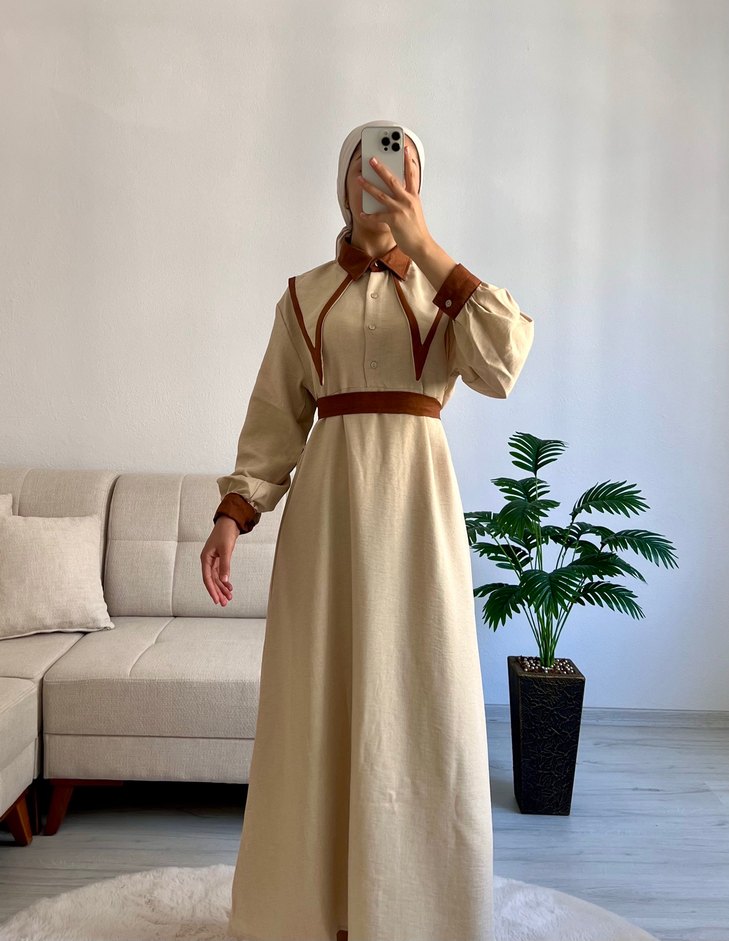 Kemer Detaylı Camel Kadın Uzun Elbise - Görsel 2