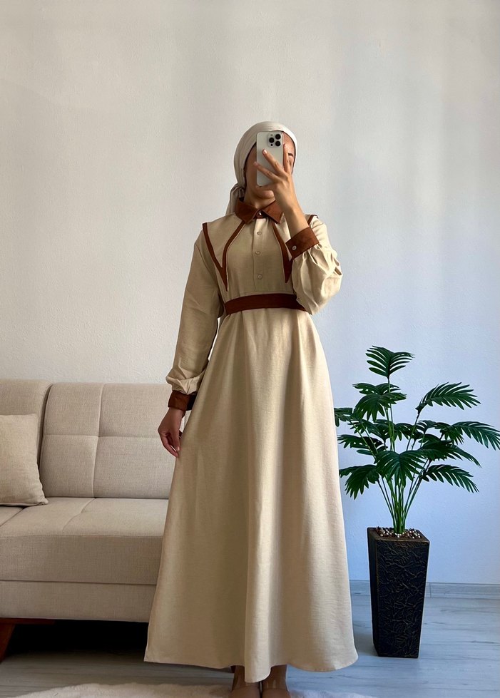 Kemer Detaylı Camel Kadın Uzun Elbise - Görsel 3