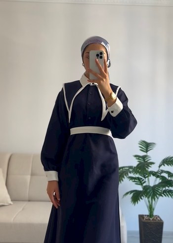 Uzun lacivert Etnik Desenli Kemerli Elbise - Görsel 3