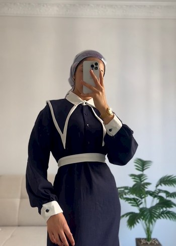 Uzun lacivert Etnik Desenli Kemerli Elbise - Görsel 2