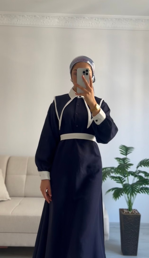 Uzun Lacivert Etnik Desenli Kemerli Elbise - Görsel 3