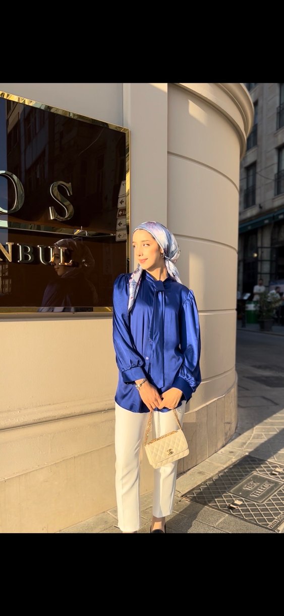 Kadın Lacivert Uzun Kollu Salaş Saten Gömlek - Görsel 2