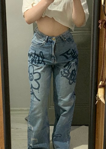 H&M Desenli Acik Mavi Denim Jean
