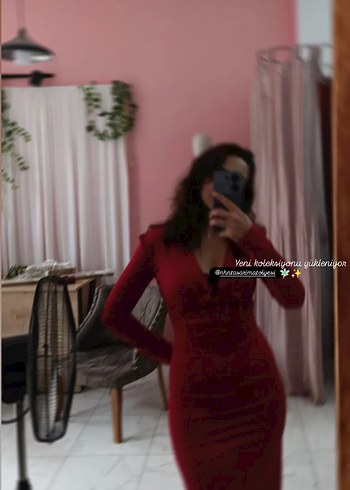 Kırmızı Uzun Kollu Abiye Elbise - Görsel 7