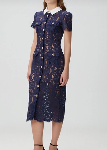 Self Portrait Lacivert Dantelli Kısa Kollu Midi Elbise - Görsel 3