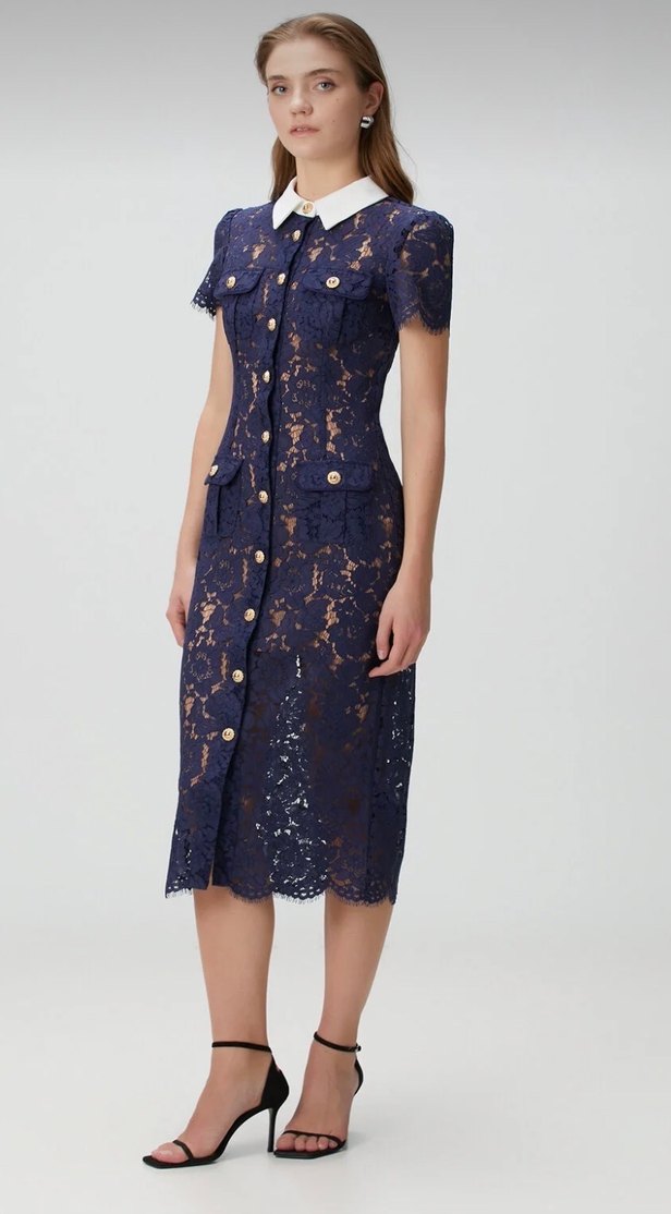 Self Portrait Lacivert Dantelli Kısa Kollu Midi Elbise - Görsel 3
