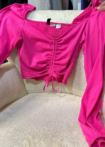 Pembe Uzun Kollu Büzgülü Mini Bluz