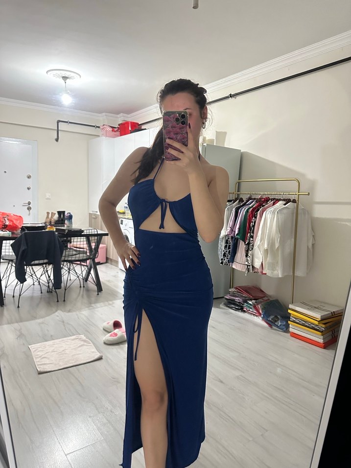 Lacivert Straplez Denim Elbise - Görsel 2