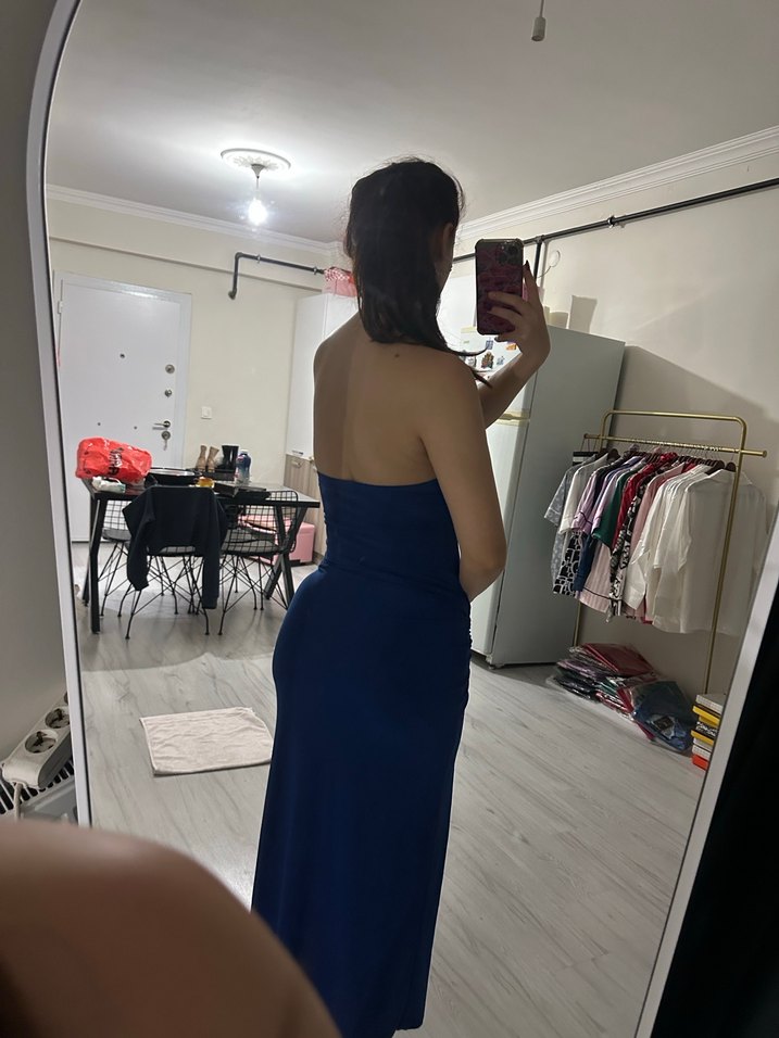 Lacivert Straplez Denim Elbise - Görsel 4