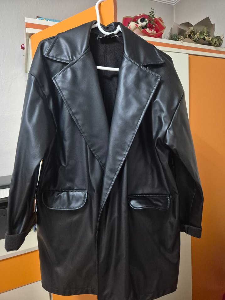 Siyah Deri Midi Ceket Zebra Desenli - Görsel 2