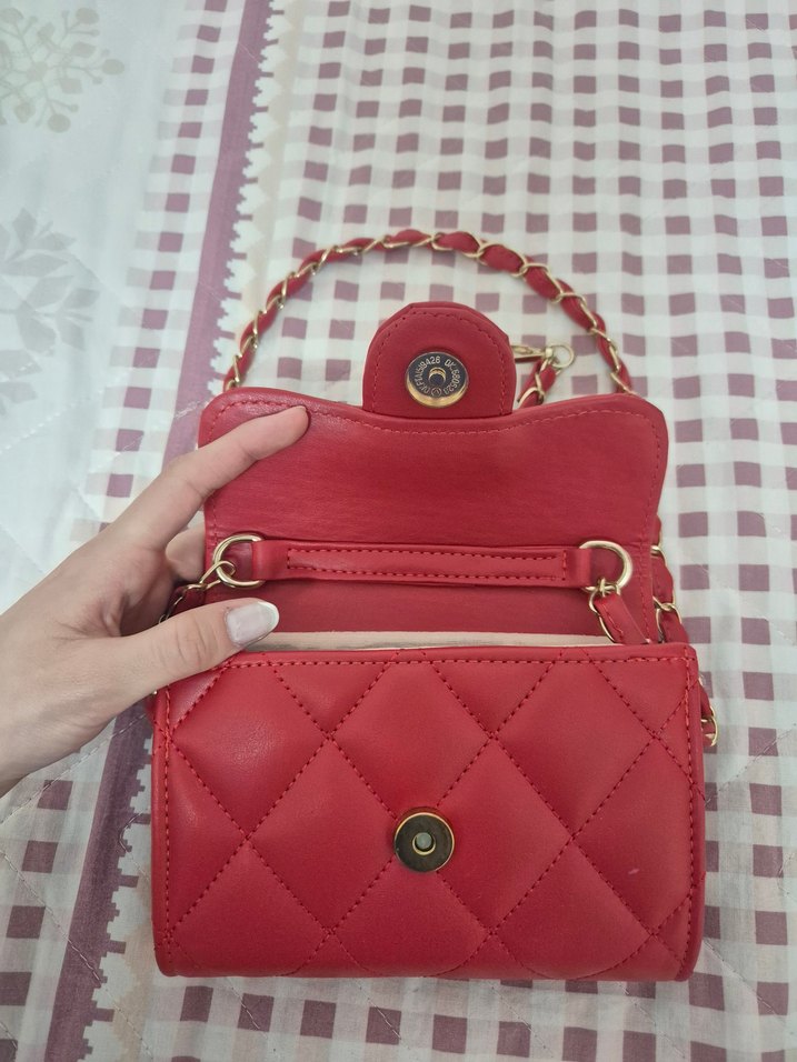 Kırmızı Zincir Detaylı Deri Kadın Çanta - Görsel 4