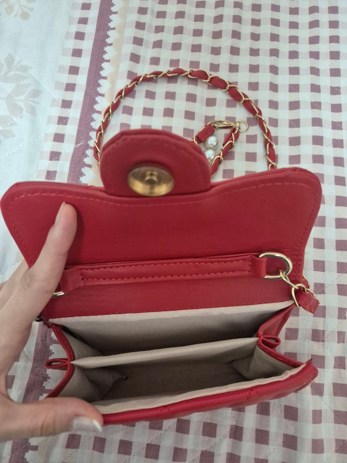 Kırmızı Zincir Detaylı Deri Kadın Çanta - Görsel 3