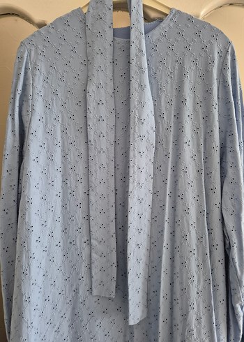 Uzun Kollu Fırfırlı Gri Mavi Bohem Elbise - Görsel 3