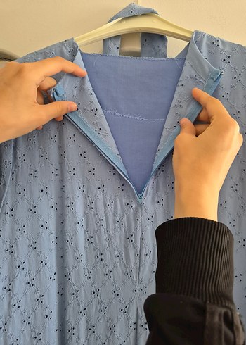 Uzun Kollu Fırfırlı Gri Mavi Bohem Elbise - Görsel 5