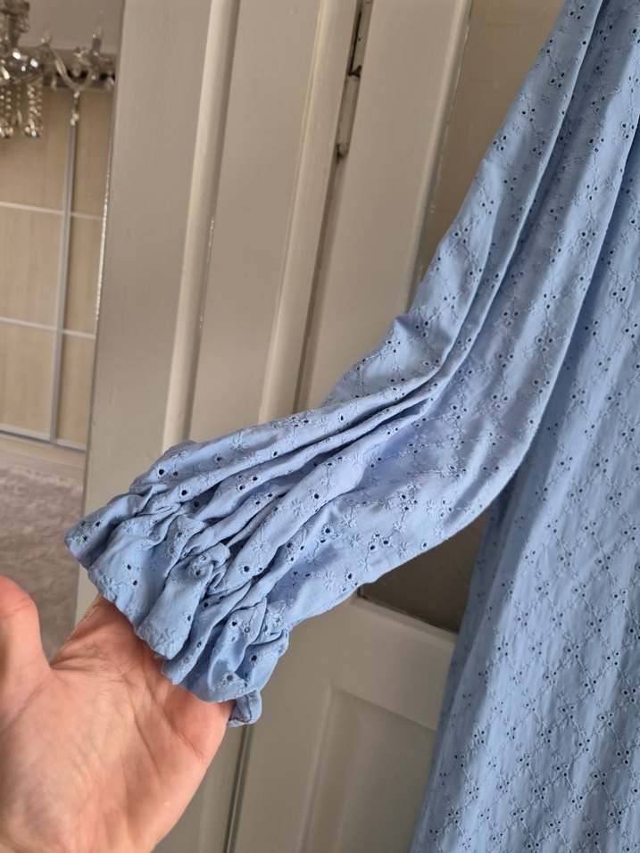 Uzun Kollu Fırfırlı Gri Mavi Bohem Elbise - Görsel 2