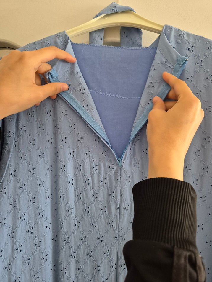 Uzun Kollu Fırfırlı Gri Mavi Bohem Elbise - Görsel 5