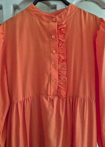 Uzun Turuncu Fırfırlı Bohem Elbise - Görsel 7