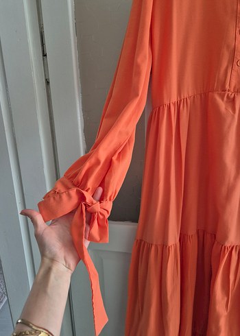 Uzun Turuncu Fırfırlı Bohem Elbise - Görsel 2