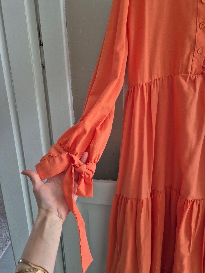 Uzun Turuncu Fırfırlı Bohem Elbise - Görsel 2