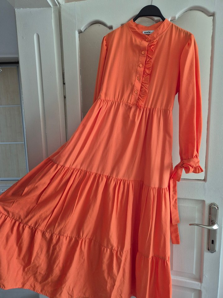 Uzun Turuncu Fırfırlı Bohem Elbise - Görsel 3